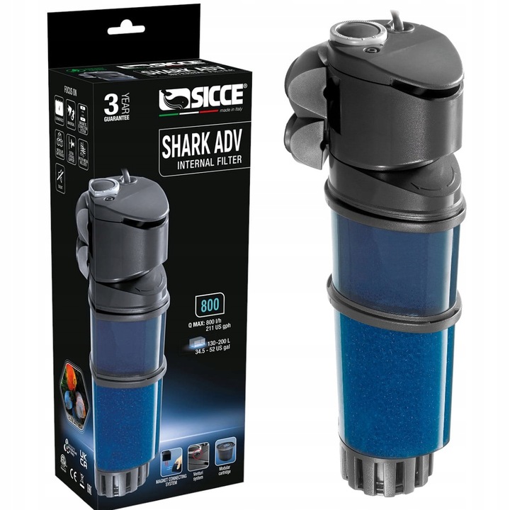 Filtru intern pentru acvariu, Sicce, 800l/h, Negru/Albastru