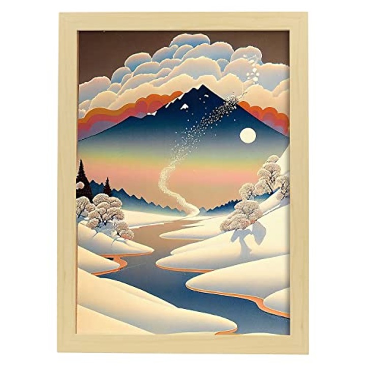 Poster pictura abstracta in stil japonez, Nacnic, Cu rama din lemn, A3, Multicolor