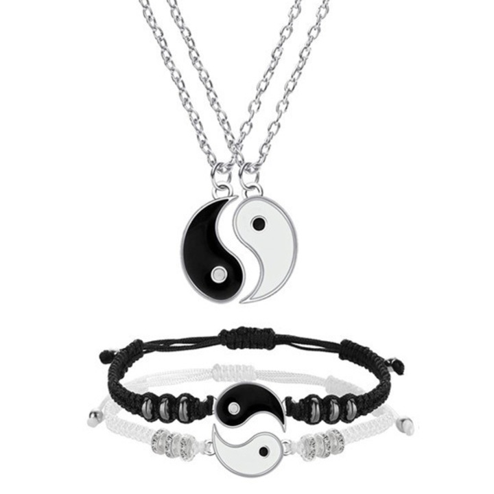 Set 2 Bratari si 2 lantisoare reglabile model Yin si Yang pentru cuplu, prieteni, Nevermore, negru si alb