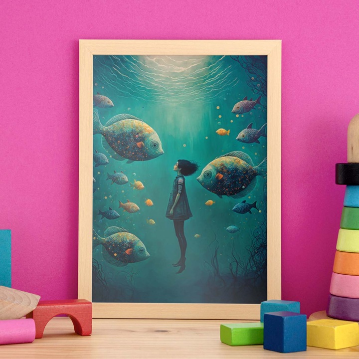 Tablou cu ilustratie in stil de pictura pe ulei cu model abstract marin, Nacnic, Hartie/Lemn, A3, Multicolor