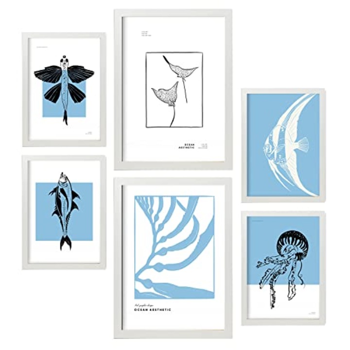 Set 6 postere, Nacnic, Printuri artistice ale marii si oceanului, A3 & A4, 29,7x42 cm & 21x29,7 cm, Alb, 20173-6-CM-ALB