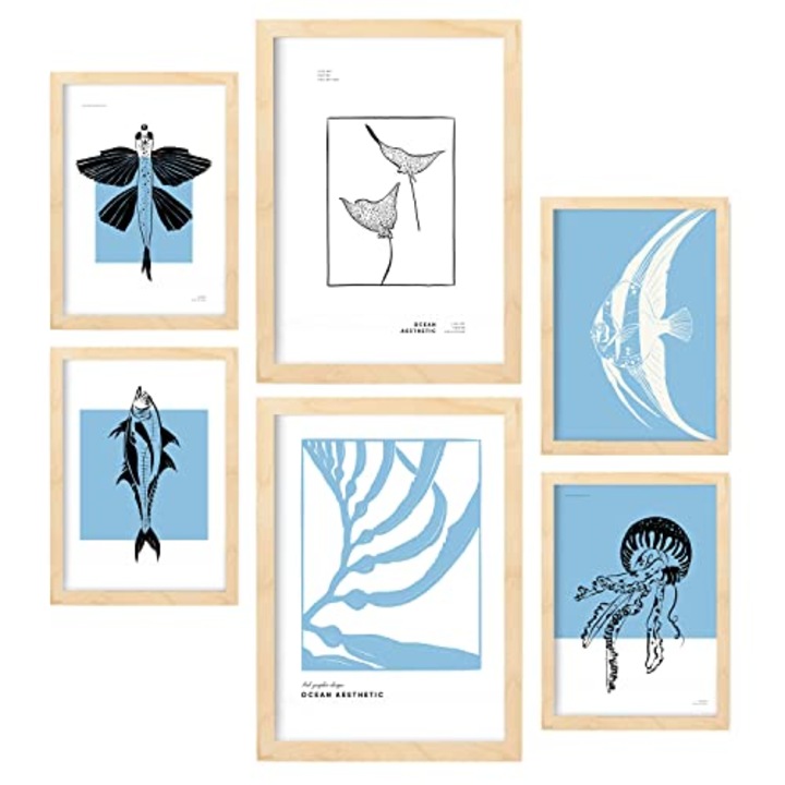 Set 6 postere, Nacnic, Mare si ocean, A3 & A4, 29,7x42 cm & 21x29,7 cm, Lemn, 20173-6-CM-LW