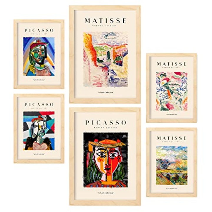 Set de 6 tablouri, Nacnic, Imprimeuri de fauvism si suprarealism, A3 & A4, 29,7x42 cm & 21x29,7 cm, Lemn, 20186-6-CM-LW