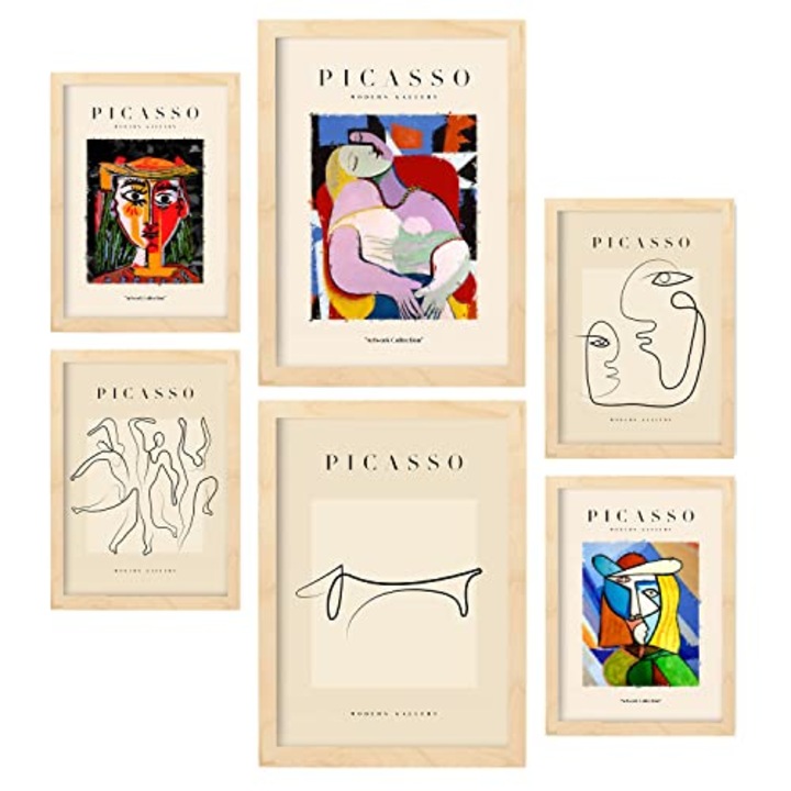 Set de 6 tablouri Nacnic, imprimeuri Pablo Picasso, bej, A3 si A4, cu rame din lemn