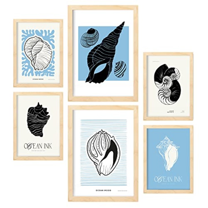 Set 6 postere cu cerneala neagra Nacnic, Melci de mare, A3 & A4, Rama lemn natural, 20176-6-CM-LW