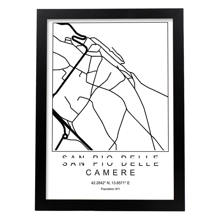 Tablou harta San pio delle camere, Nacnic, fundal alb, 1 buc, Alb/Negru, 83415-1-A3-SM