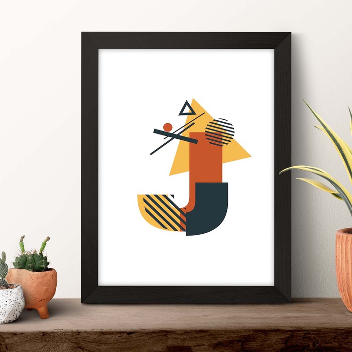 Poster cu litera J, Nacnic, Stil geometric, Negru, 68532-1-A4-SM
