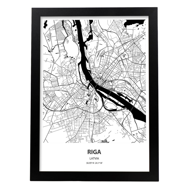 Poster cu harta orasului Riga - Latvia. Printuri ale oraselor europene cu mari si rauri in negru. Cadru negru, Cadru din lemn deschis, 68359-1-A3-SM