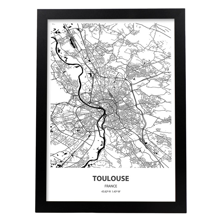 Poster cu harta orasului Toulouse - Franta. Printuri ale oraselor france cu mari si rauri in negru. Cadru negru Cadru alb din lemn deschis fara cadru, 68325-1-A3-SM