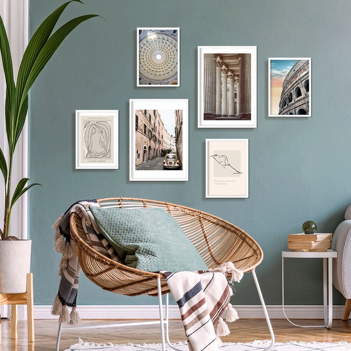 Set 6 tablouri, Nacnic, Arta in Roma - Postere pentru Decorarea Interioarelor - Poze Decorative Agatatoare - A3 si A4 -, 20093-6-CM-BLACK