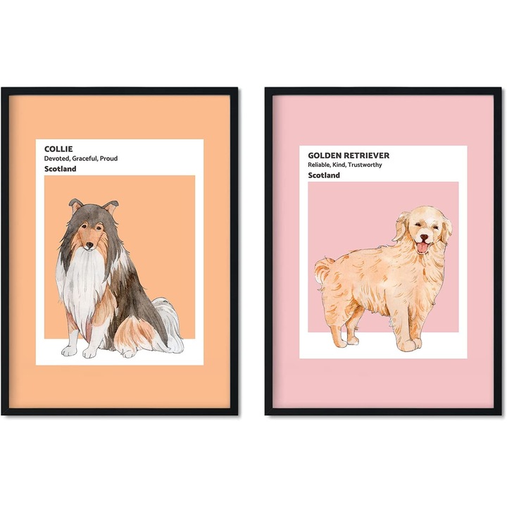 Tablou Nacnic, set de foi, postere cu ilustratii de rase de caini, tonuri calde, fara rama, 42x29.7cm