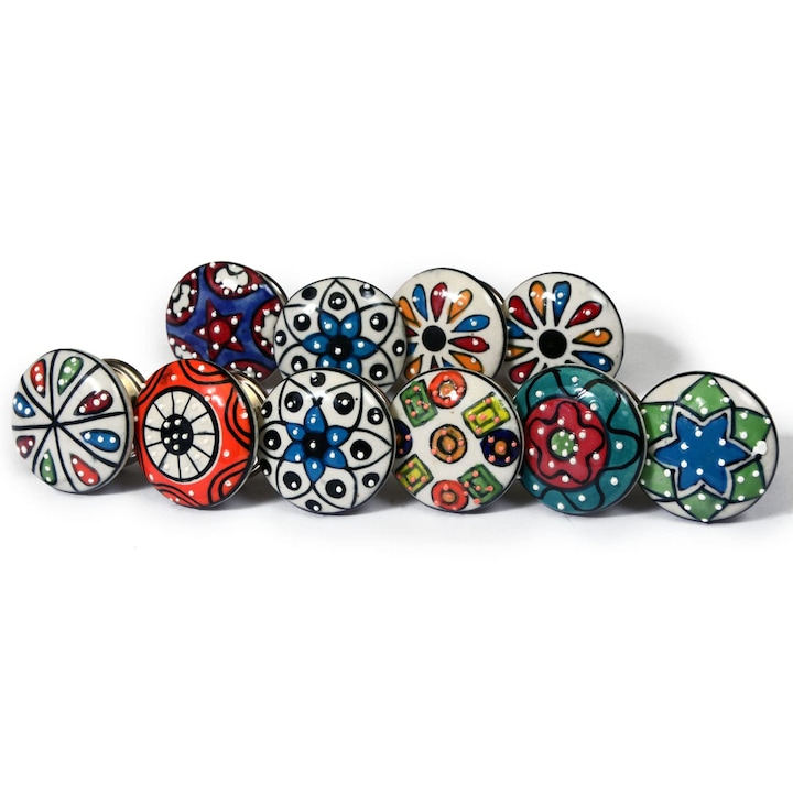 Set 10 manere pentru mobila, Nacnic, Ceramica, Multicolor