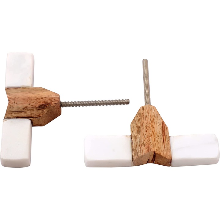 Set 6 manere dreptunghiulare mobila, Nacnic, Lemn/Ceramica, 63 mm, Maro/Alb