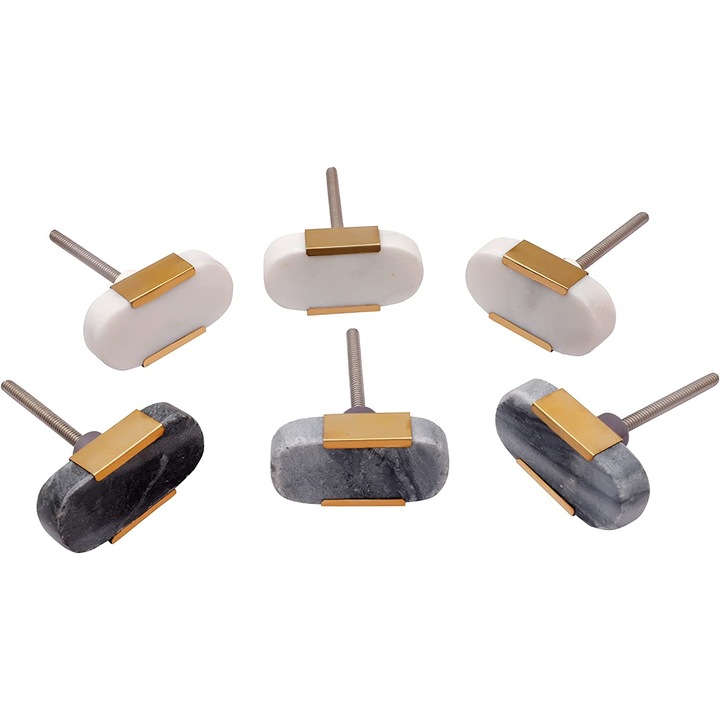 Set de 6 manere ovale, Nacnic, Piatra, 63 mm, Alb/Negru