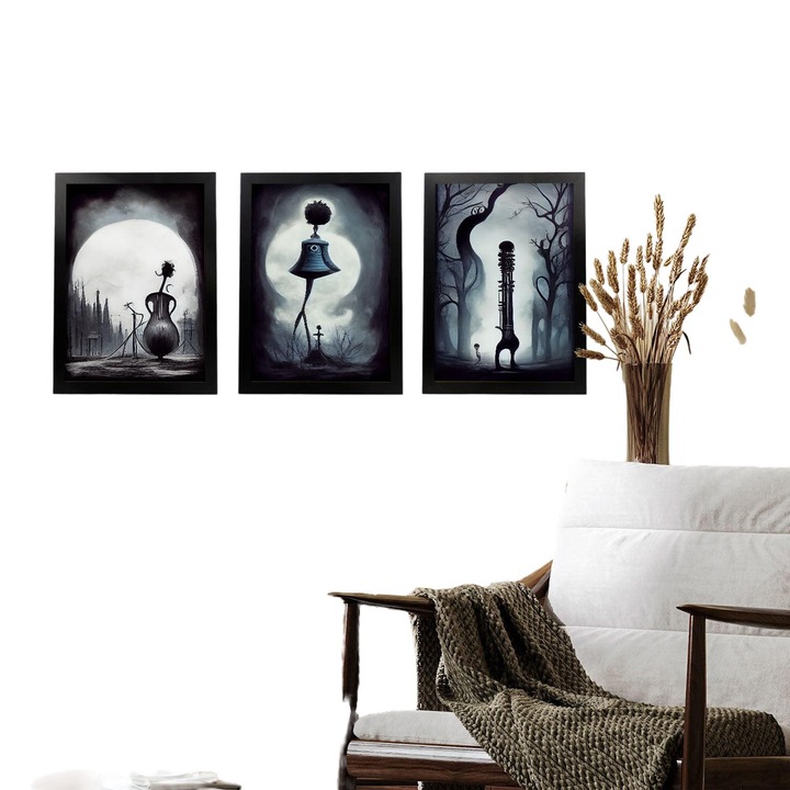 Set 3 tablouri Nacnic, Ilustratii gothice, Negru, 29.7x21cm