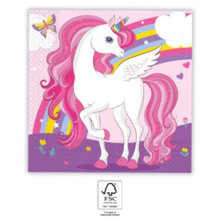 Set 20 servetele petrecere, Javoli, Model unicorn, Hartie, 33 x 33 cm, Roz
