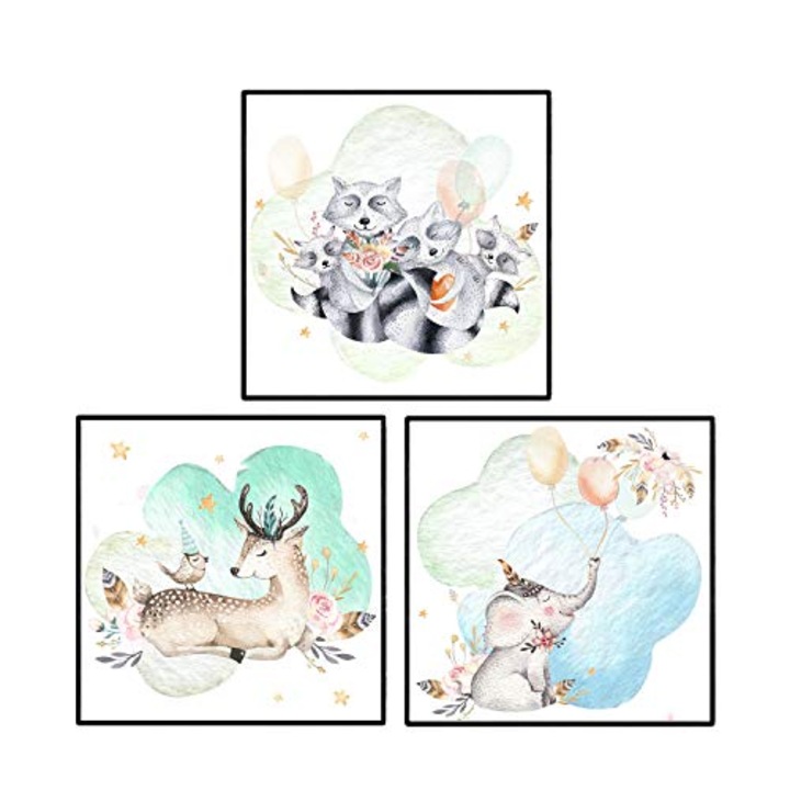 Set 3 tablouri, Nacnic, Model Animale, Lemn, 20x20cm, Negru