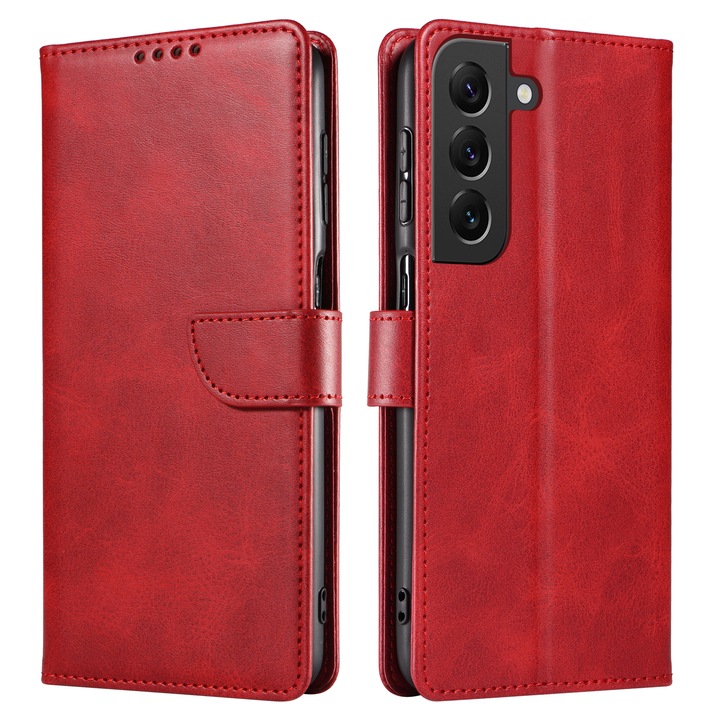 Husa din piele pentru Samsung Galaxy S23 Plus, inchidere magnetica, suport card, suport, rosie vin