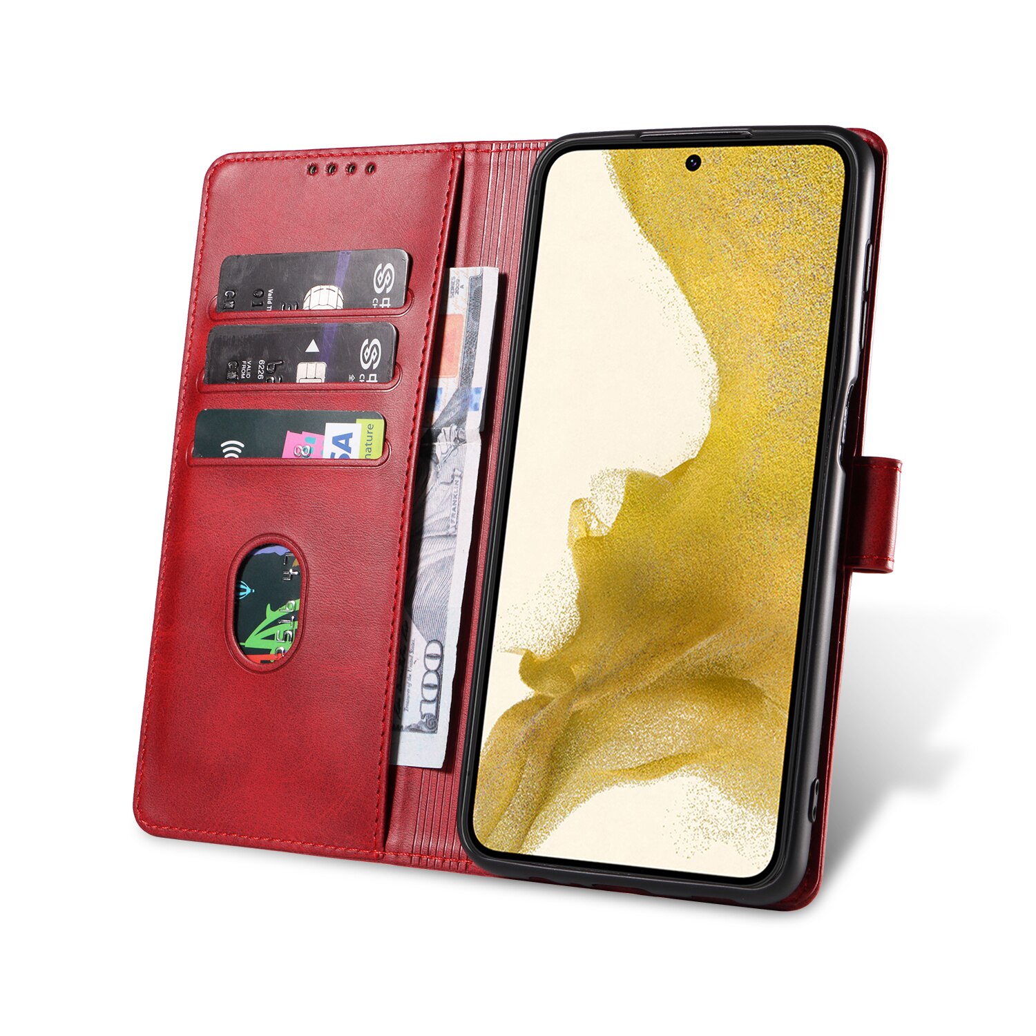 Husa din piele pentru Samsung Galaxy S23 Plus, inchidere magnetica, suport card, suport, rosie vin