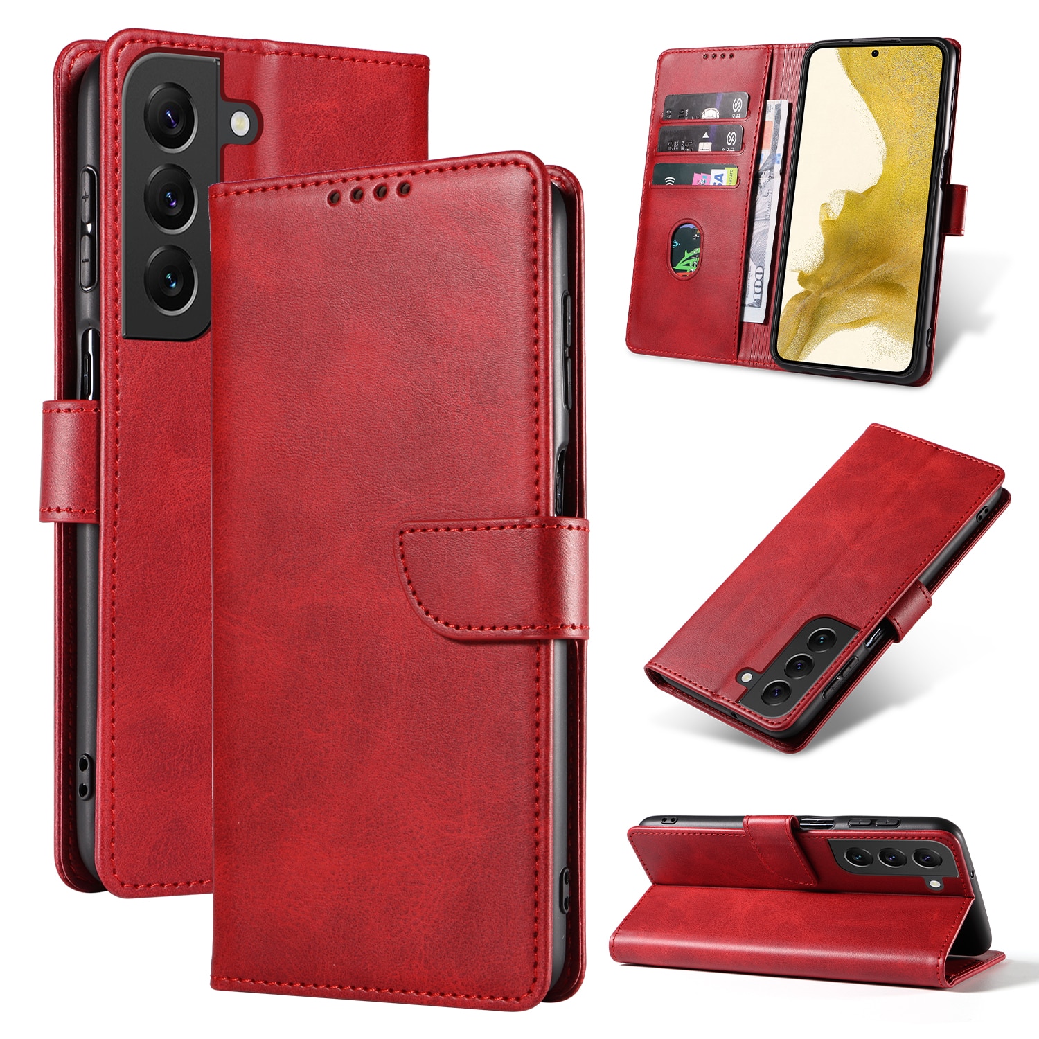 Husa din piele pentru Samsung Galaxy S23 Plus, inchidere magnetica, suport card, suport, rosie vin