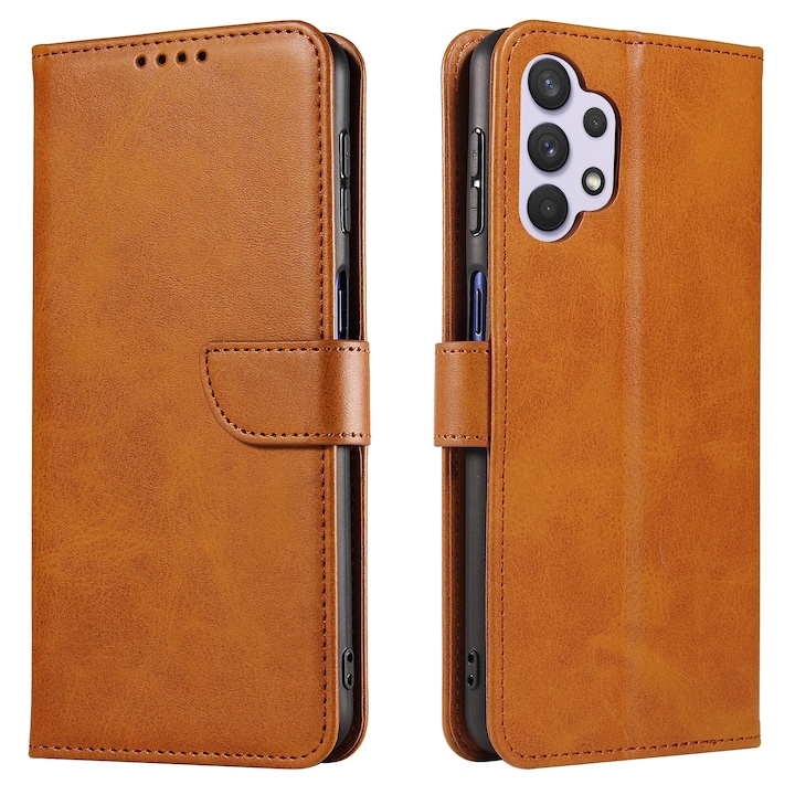 Bőr tok Samsung Galaxy A32 4G telefonhoz, mágneses záródás, kártyatartó, állvány, világosbarna