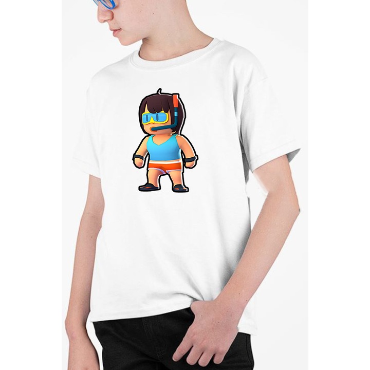 Tricou personalizat pentru copii cu imprimeu, Stumble Guy - Swimmer Barbara, Alb, 140-152 CM