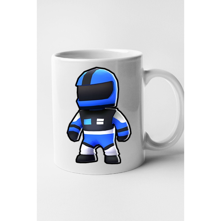 Cana personalizata cu imprimeu Stumble Guy - Blue Racer, Ceramica, 330 ml, Maner si interior Alb