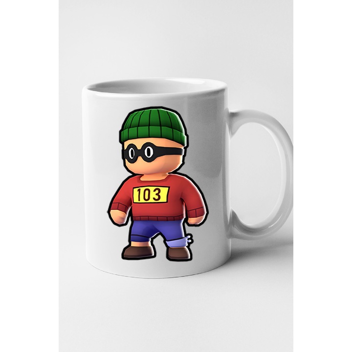 Cana personalizata cu imprimeu Stumble Guy - Inmate 176, Ceramica, 330 ml, Maner si interior Alb