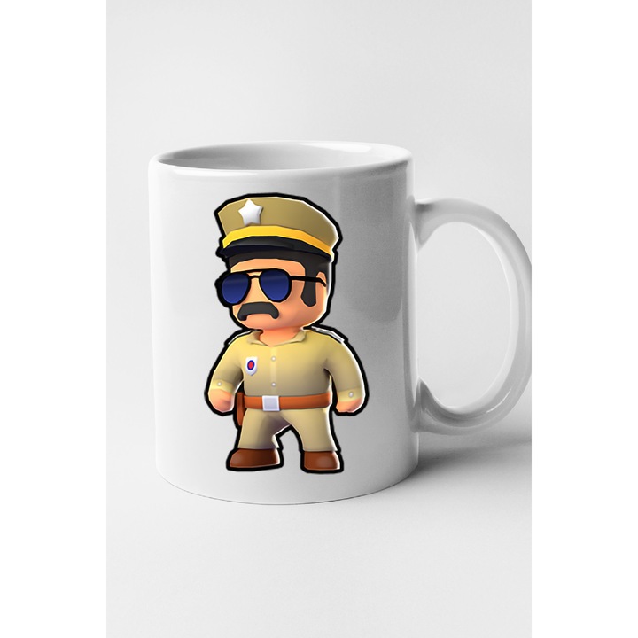 Cana personalizata cu imprimeu Stumble Guy - Officer Lee, Ceramica, 330 ml, Maner si interior Alb