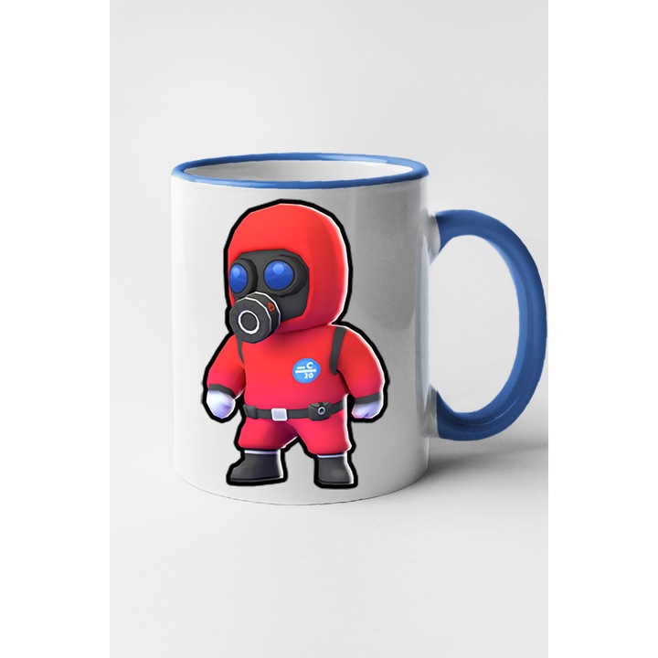 Cana personalizata cu imprimeu Stumble Guy - Exterminator, Ceramica, 330 ml, Maner si interior Albastru