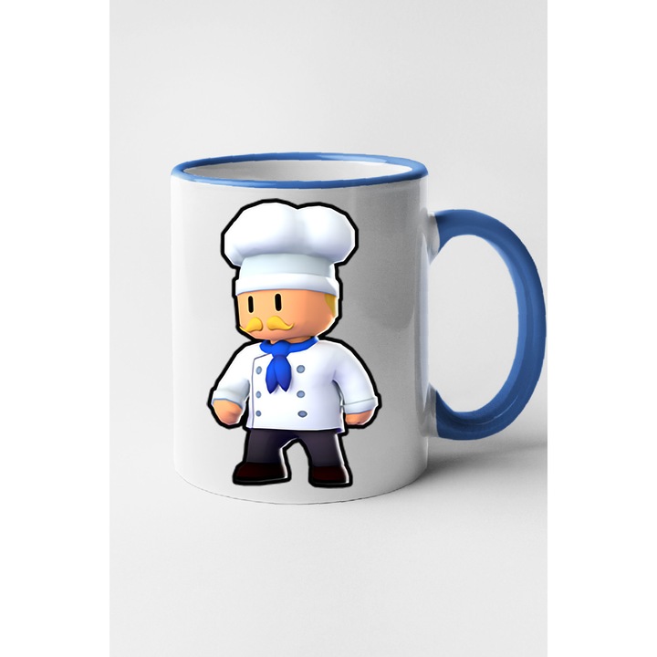 Cana personalizata cu imprimeu Stumble Guy - Chef Anthony, Ceramica, 330 ml, Maner si interior Albastru
