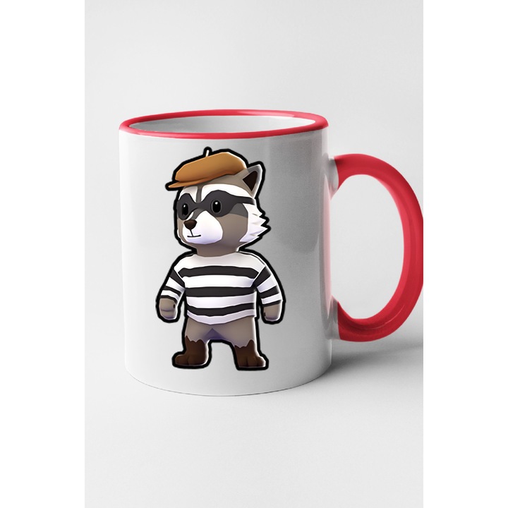 Cana personalizata cu imprimeu Stumble Guy - Sly Raccoon, Ceramica, 330 ml, Maner si interior Rosu