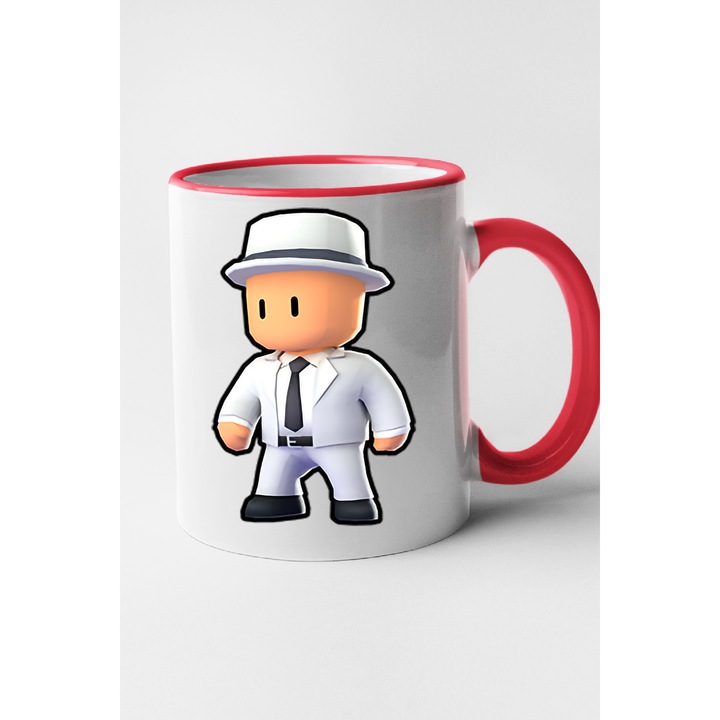 Cana personalizata cu imprimeu Stumble Guy - Mobster Stu, Ceramica, 330 ml, Maner si interior Rosu