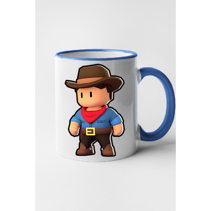 Cana personalizata cu imprimeu Stumble Guy - Tex Miller, Ceramica, 330 ml, Maner si interior Albastru