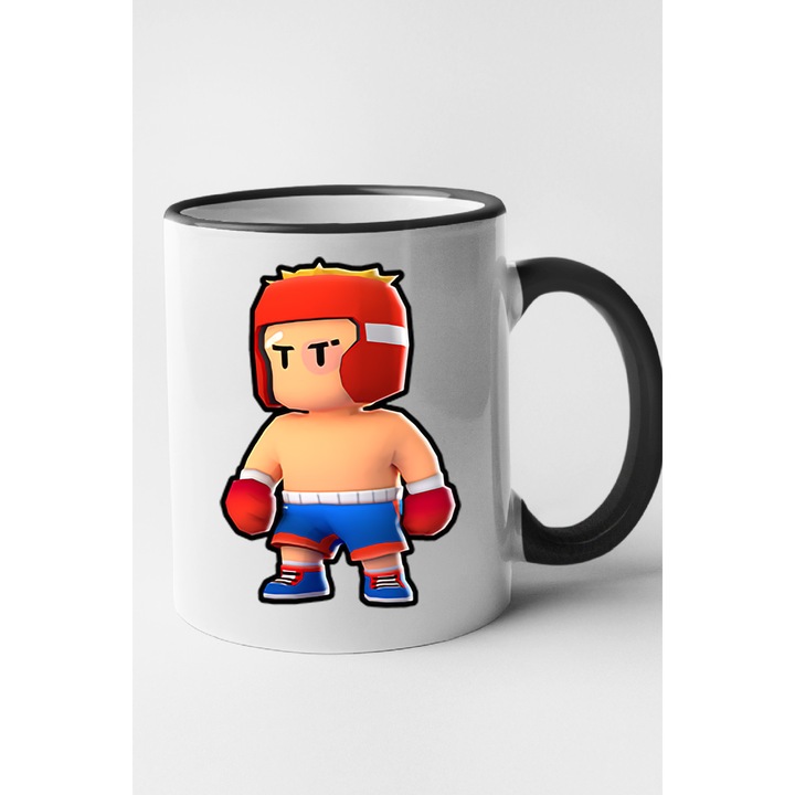 Cana personalizata cu imprimeu Stumble Guy - Boxer Mike, Ceramica, 330 ml, Maner si interior Negru