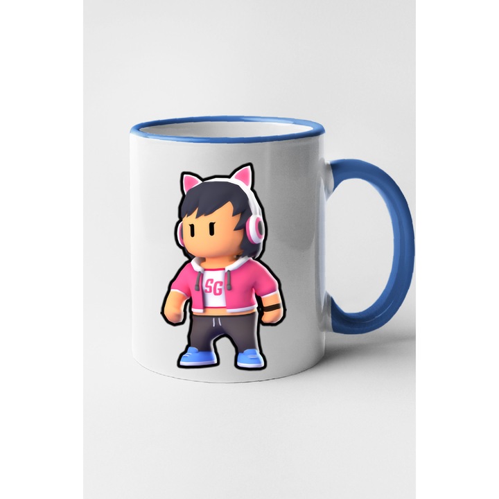 Cana personalizata cu imprimeu Stumble Guy - Gamer Gina, Ceramica, 330 ml, Maner si interior Albastru
