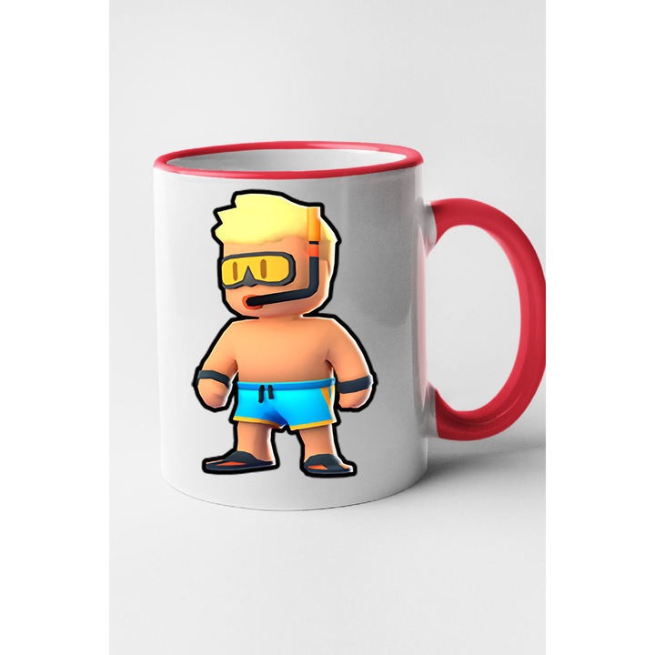 Cana personalizata cu imprimeu Stumble Guy - Swimmer Brody, Ceramica, 330 ml, Maner si interior Rosu