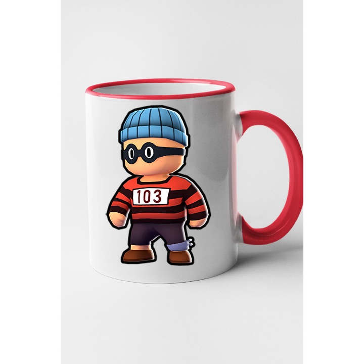 Cana personalizata cu imprimeu Stumble Guy - Inmate 007, Ceramica, 330 ml, Maner si interior Rosu