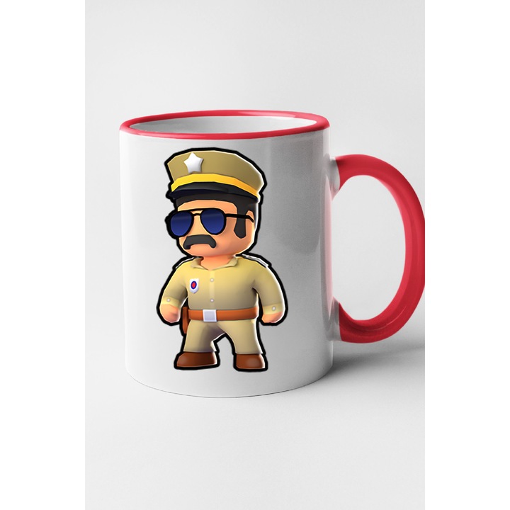 Cana personalizata cu imprimeu Stumble Guy - Officer Lee, Ceramica, 330 ml, Maner si interior Rosu