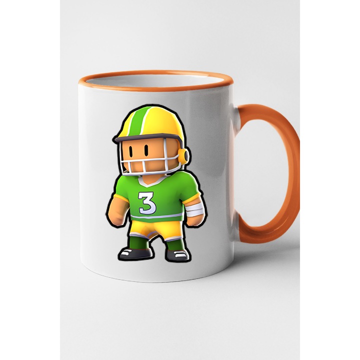 Cana personalizata cu imprimeu Stumble Guy - Linebacker, Ceramica, 330 ml, Maner si interior Portocaliu