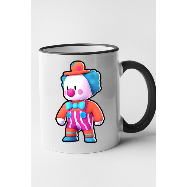 Cana personalizata cu imprimeu Stumble Guy - Clown Ronald, Ceramica, 330 ml, Maner si interior Negru