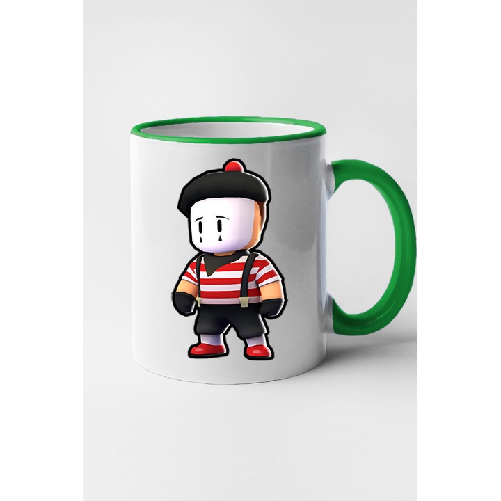 Cana personalizata cu imprimeu Stumble Guy - Mime Grimaldi, Ceramica, 330 ml, Maner si interior Verde
