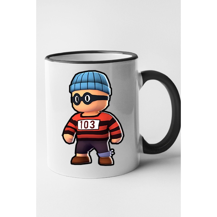 Cana personalizata cu imprimeu Stumble Guy - Inmate 007, Ceramica, 330 ml, Maner si interior Negru