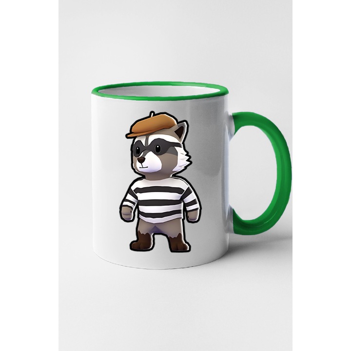 Cana personalizata cu imprimeu Stumble Guy - Sly Raccoon, Ceramica, 330 ml, Maner si interior Verde