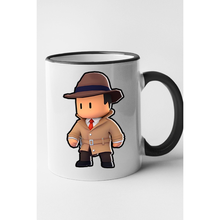 Cana personalizata cu imprimeu Stumble Guy - Detective (1), Ceramica, 330 ml, Maner si interior Negru