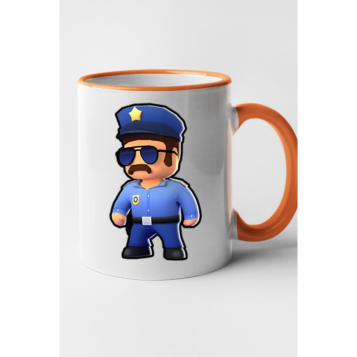 Cana personalizata cu imprimeu Stumble Guy - Officer Mark, Ceramica, 330 ml, Maner si interior Portocaliu