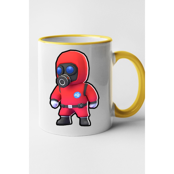 Cana personalizata cu imprimeu Stumble Guy - Exterminator, Ceramica, 330 ml, Maner si interior Galben