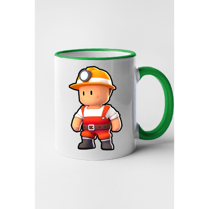 Cana personalizata cu imprimeu Stumble Guy - Miner Mike, Ceramica, 330 ml, Maner si interior Verde