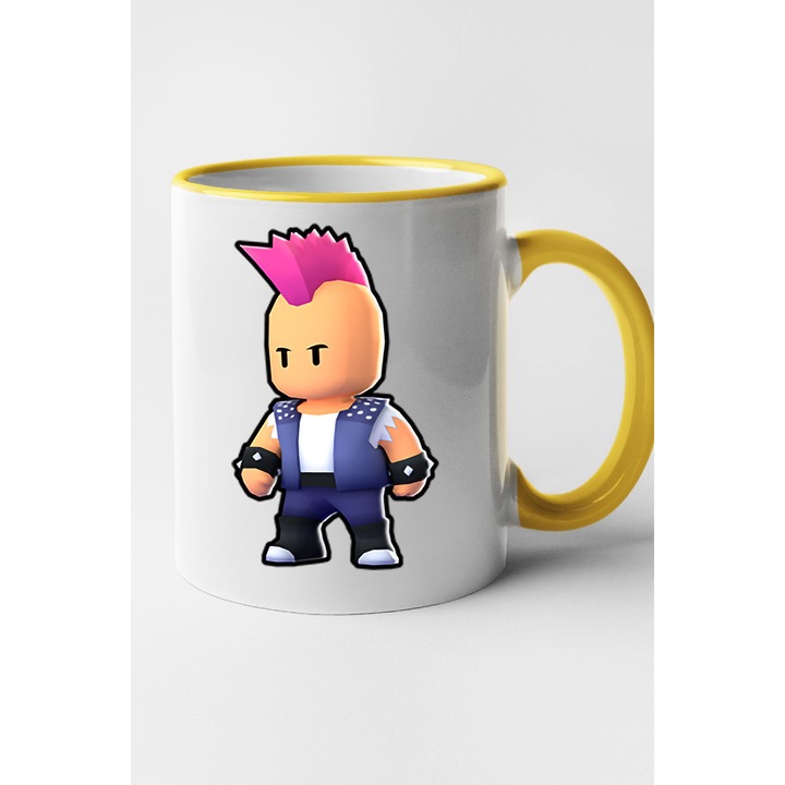 Cana personalizata cu imprimeu Stumble Guy - Punk Dude, Ceramica, 330 ml, Maner si interior Galben