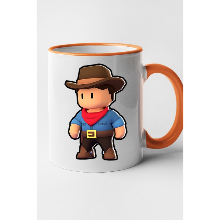 Cana personalizata cu imprimeu Stumble Guy - Tex Miller, Ceramica, 330 ml, Maner si interior Portocaliu